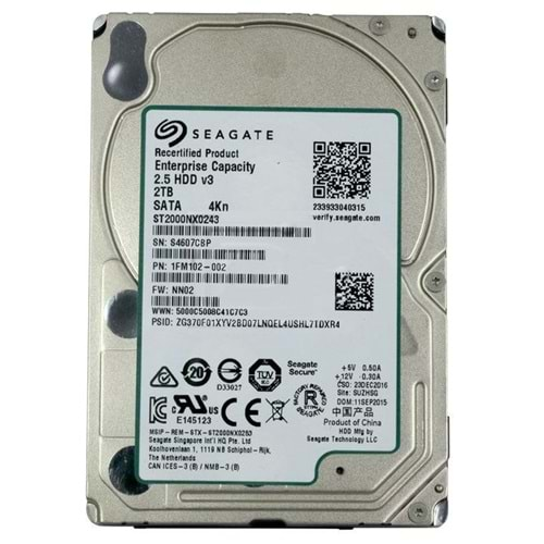 Seagate ST2000NX0243 Enterprise 2TB SATA 6Gb/s 7200RPM 128MB Önbellek